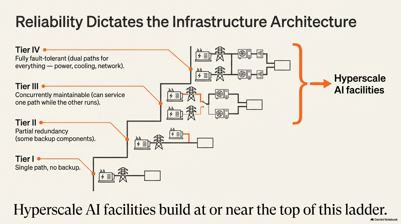 Redundancy tiers from Tier I (single path, no backup) to Tier IV (fully dual, fault-tolerant paths for power, cooling, and network), with hyperscale AI facilities indicated at the top