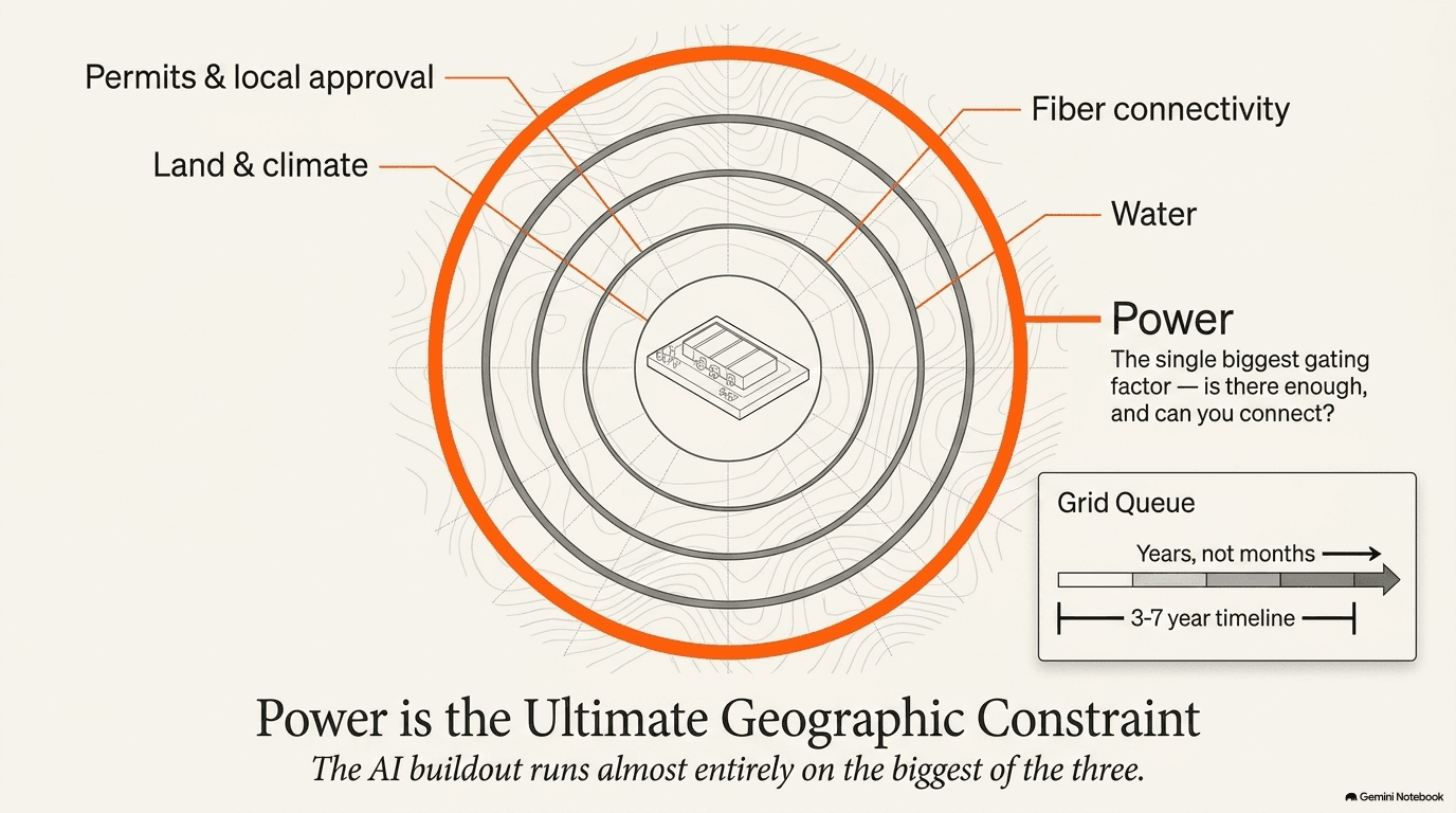 Concentric rings showing five site selection factors — power as the largest outermost ring, then water, fiber connectivity, land and climate, and permits — with a grid queue inset showing a 3-to-7-year timeline