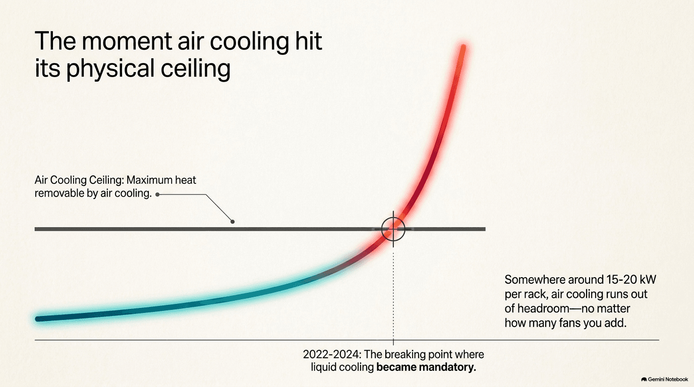 Line graph showing rack power density rising exponentially and crossing a flat horizontal air cooling ceiling line around 2022 to 2024, the point where liquid cooling became mandatory