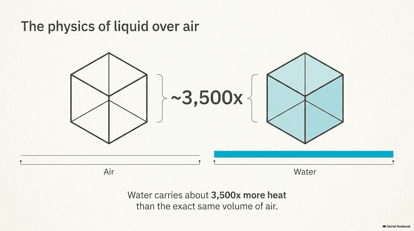 Two equal-sized cubes labeled air and water with a comparison showing water carries approximately 3500 times more heat than the same volume of air