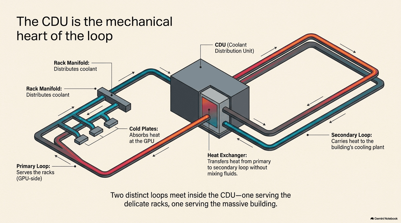 Diagram of a coolant distribution unit showing the primary loop flowing from cold plates through rack manifolds into the CDU, where a heat exchanger transfers heat to a secondary loop running to the building cooling plant