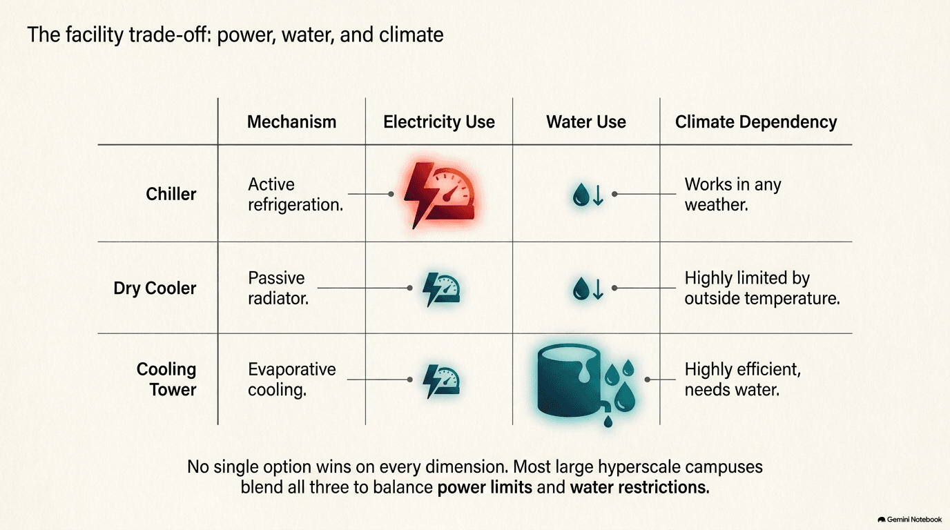 Comparison table of three heat rejection methods — chiller using active refrigeration with high electricity and no water, dry cooler using passive radiator with low electricity but limited by outside temperature, and cooling tower using evaporation with low electricity but high water consumption