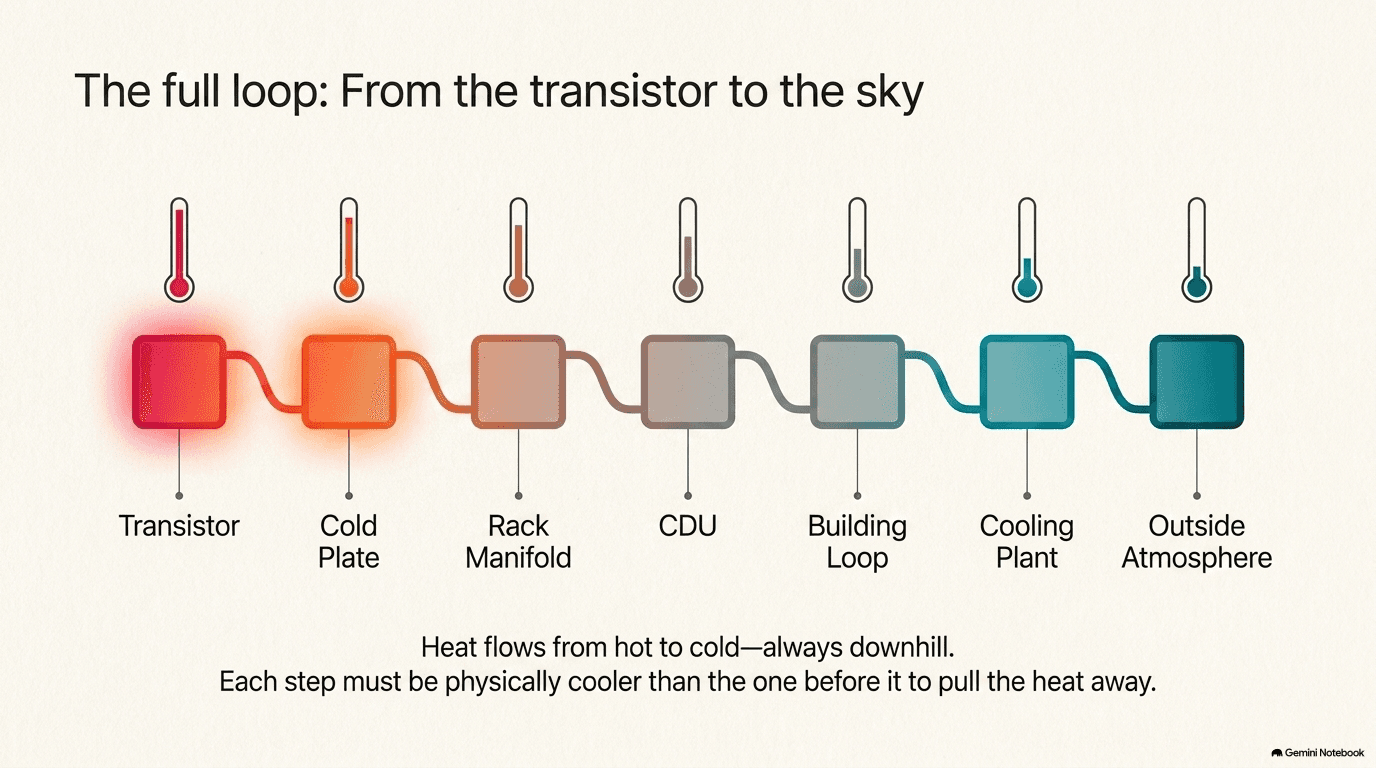 Seven-stage temperature cascade from transistor to cold plate to rack manifold to CDU to building loop to cooling plant to outside atmosphere, with thermometer icons showing temperature stepping down at each stage