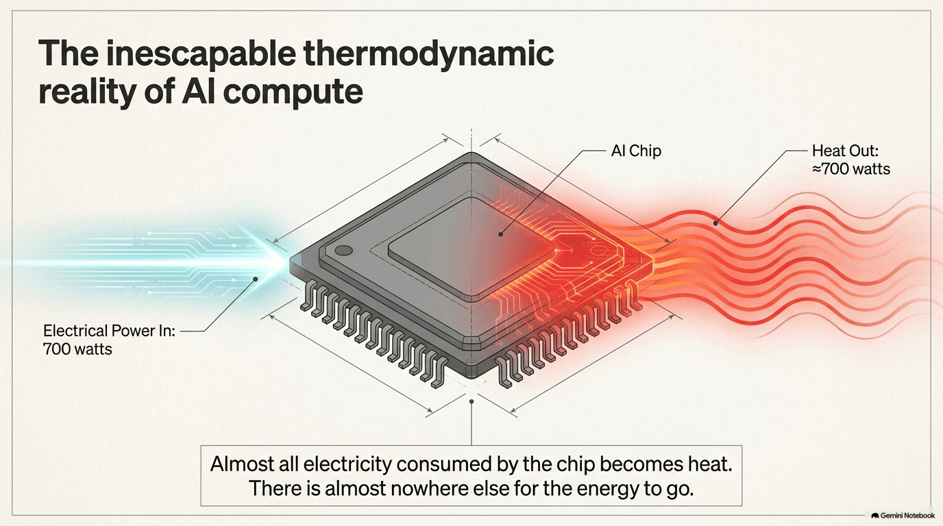 Isometric view of an AI chip with 700 watts of electrical power entering from the left and approximately 700 watts of heat radiating out from the right, illustrating that nearly all electricity becomes heat