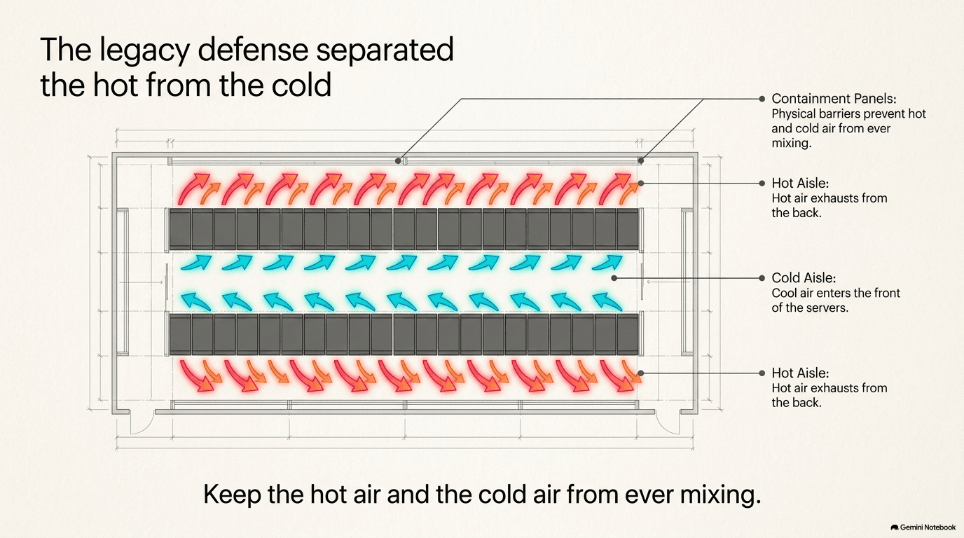 Overhead view of a data center showing two rows of server racks with cool blue air flowing into a shared cold aisle between their fronts and hot red air exhausting from their backs into separate hot aisles, sealed by containment panels
