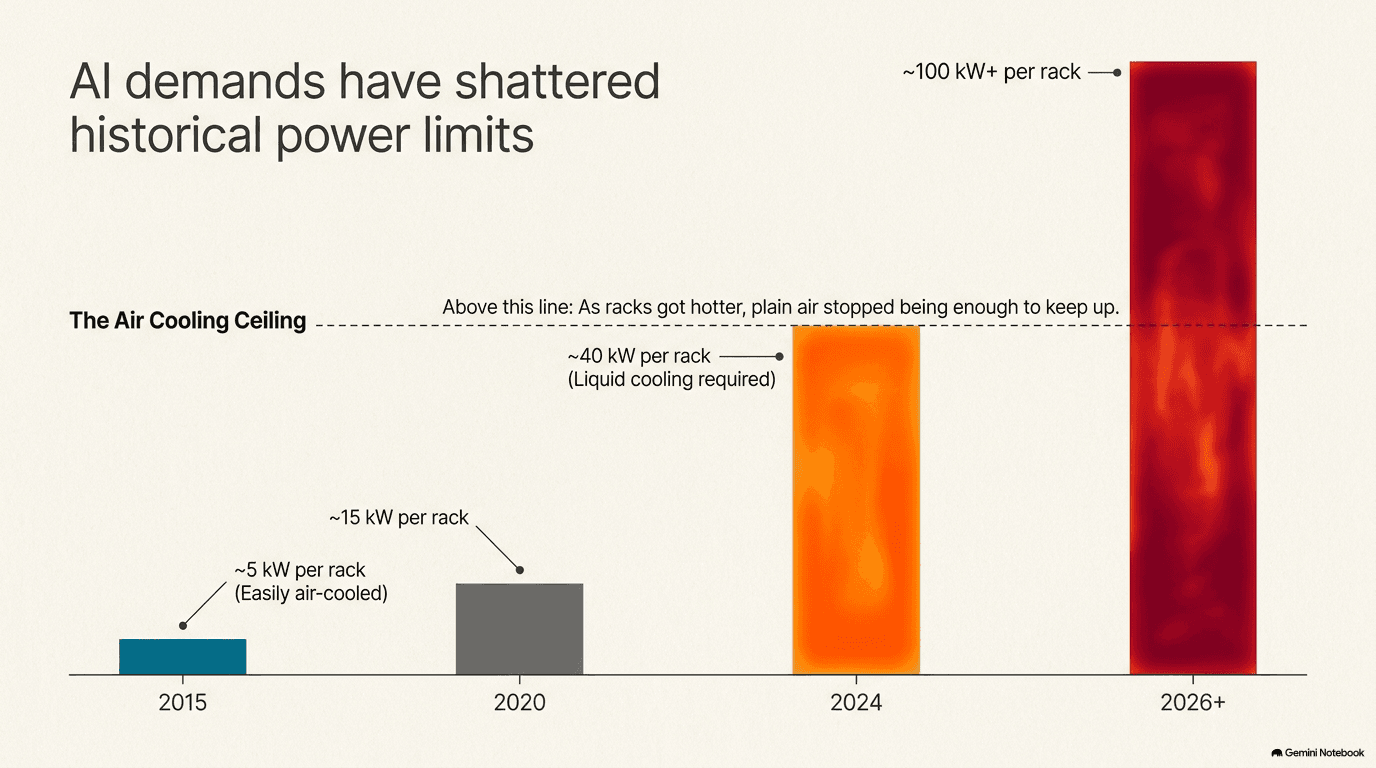 Bar chart showing rack power density rising from 5 kilowatts in 2015 to 15 kilowatts in 2020 to 40 kilowatts in 2024 to over 100 kilowatts in 2026 and beyond, with a dashed line marking the air cooling ceiling