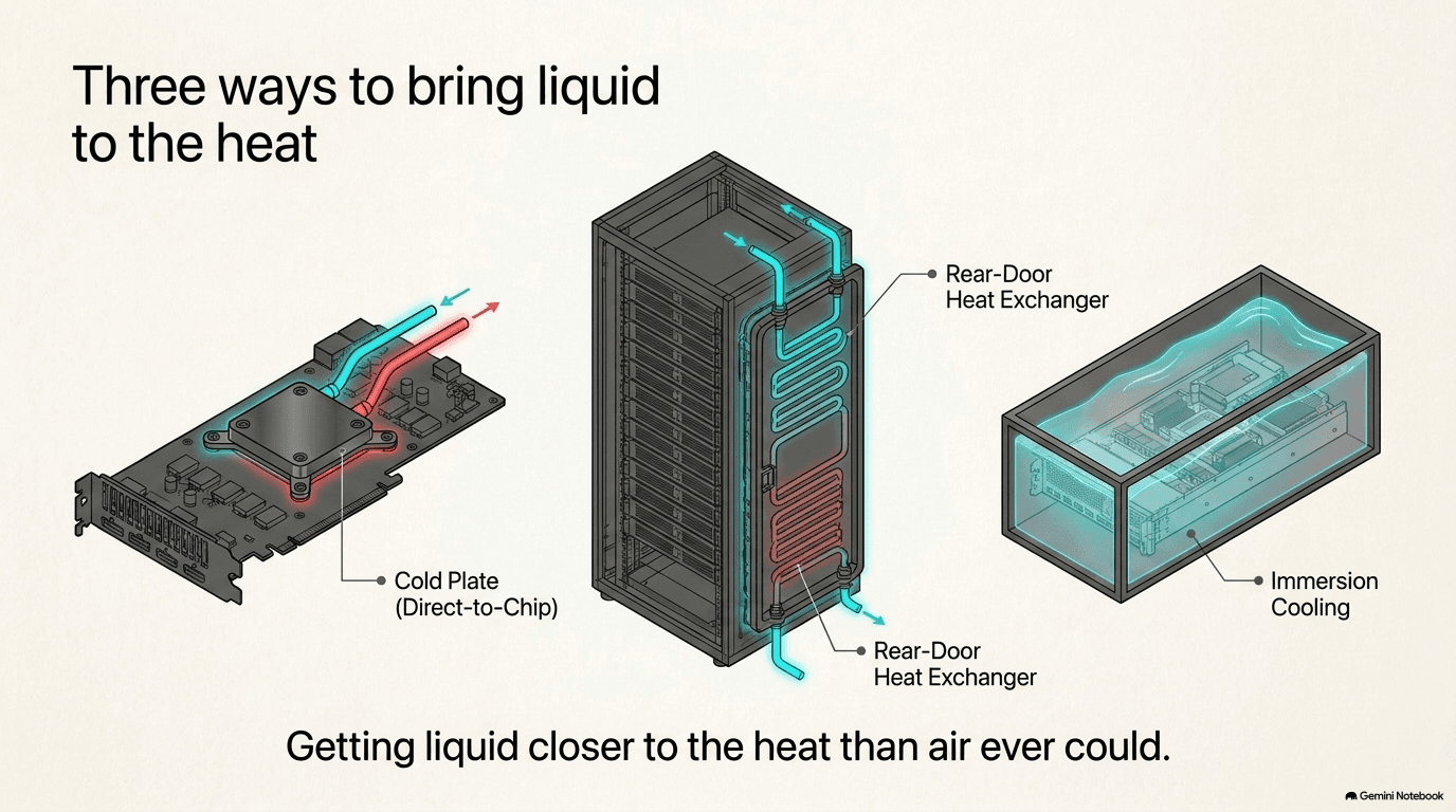 Three liquid cooling methods side by side — a cold plate bolted directly onto a GPU with coolant tubes, a server rack with a liquid-cooled rear-door heat exchanger, and a full server submerged in a tank of non-conductive fluid
