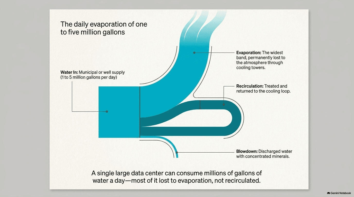 Sankey-style flow diagram showing water entering a data center at one to five million gallons per day, with the widest band lost to evaporation through cooling towers, a smaller band discharged as blowdown, and a return stream recirculated through treatment