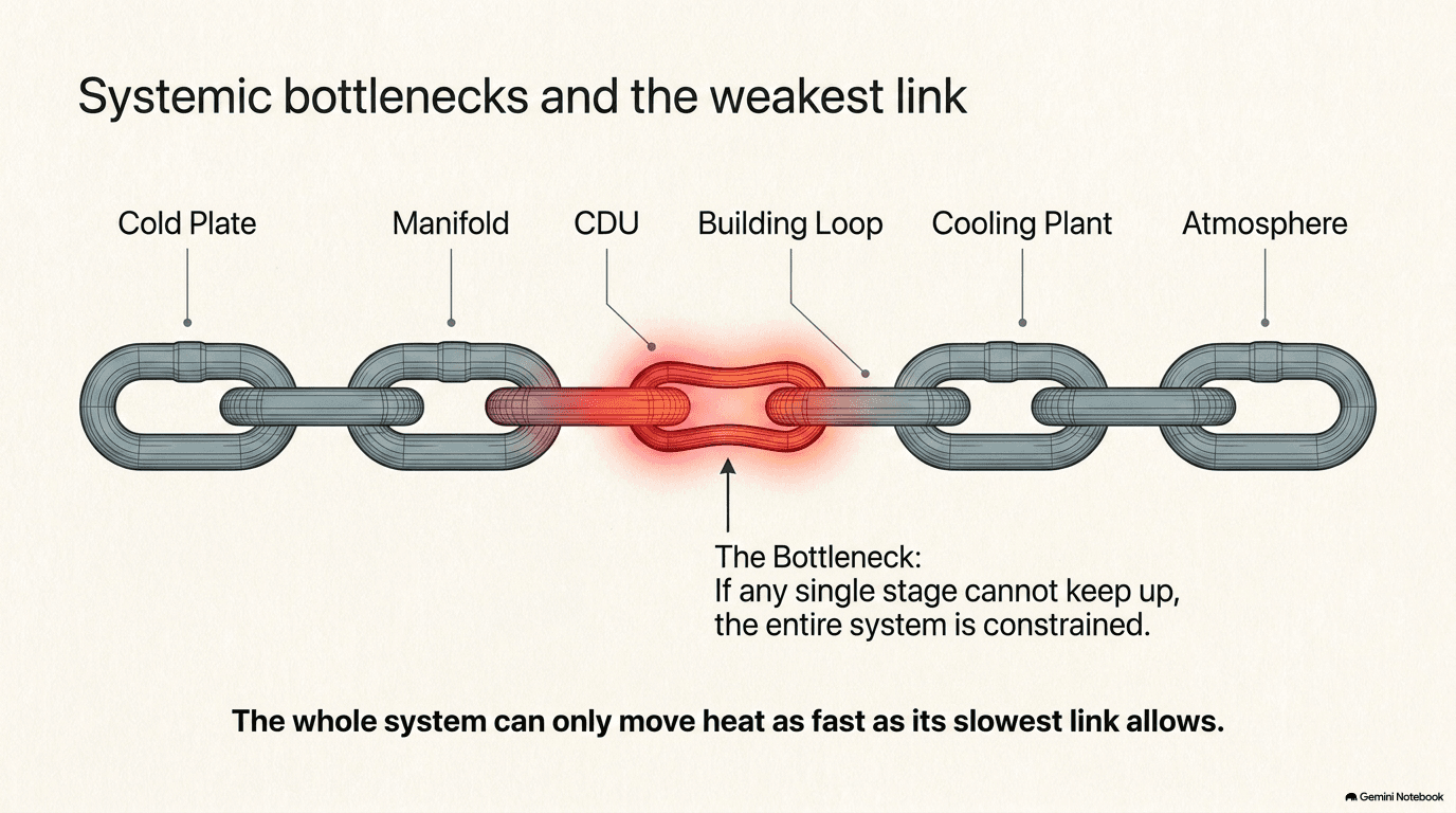 A chain of six links labeled cold plate, manifold, CDU, building loop, cooling plant, and atmosphere, with the CDU link glowing red to illustrate a bottleneck constraining the entire system