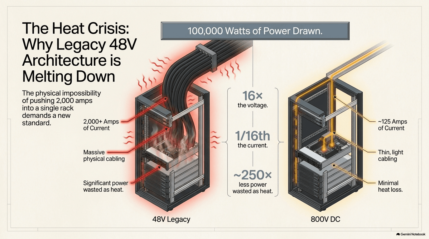 Two identical racks side by side both drawing 100,000 watts: the legacy 48-volt rack with massive cabling carrying over 2,000 amps and significant heat loss, versus the 800-volt DC rack with thin light cabling carrying roughly 125 amps and minimal heat loss — showing 16 times the voltage, one-sixteenth the current, and roughly 250 times less power wasted as heat