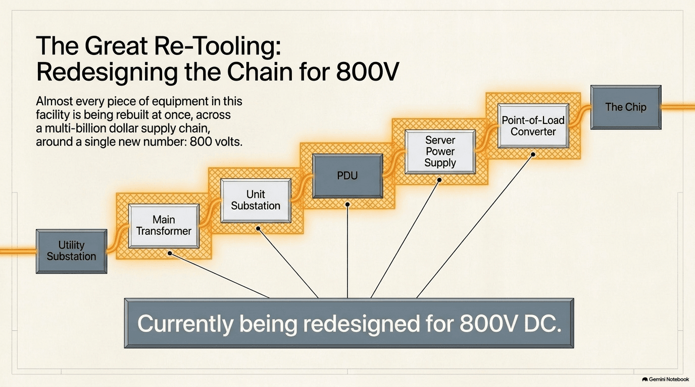 The same voltage cascade staircase from the chapter opening, but now every stage from utility substation through main transformer, unit substation, PDU, server power supply, and point-of-load converter is highlighted as currently being redesigned for 800-volt DC