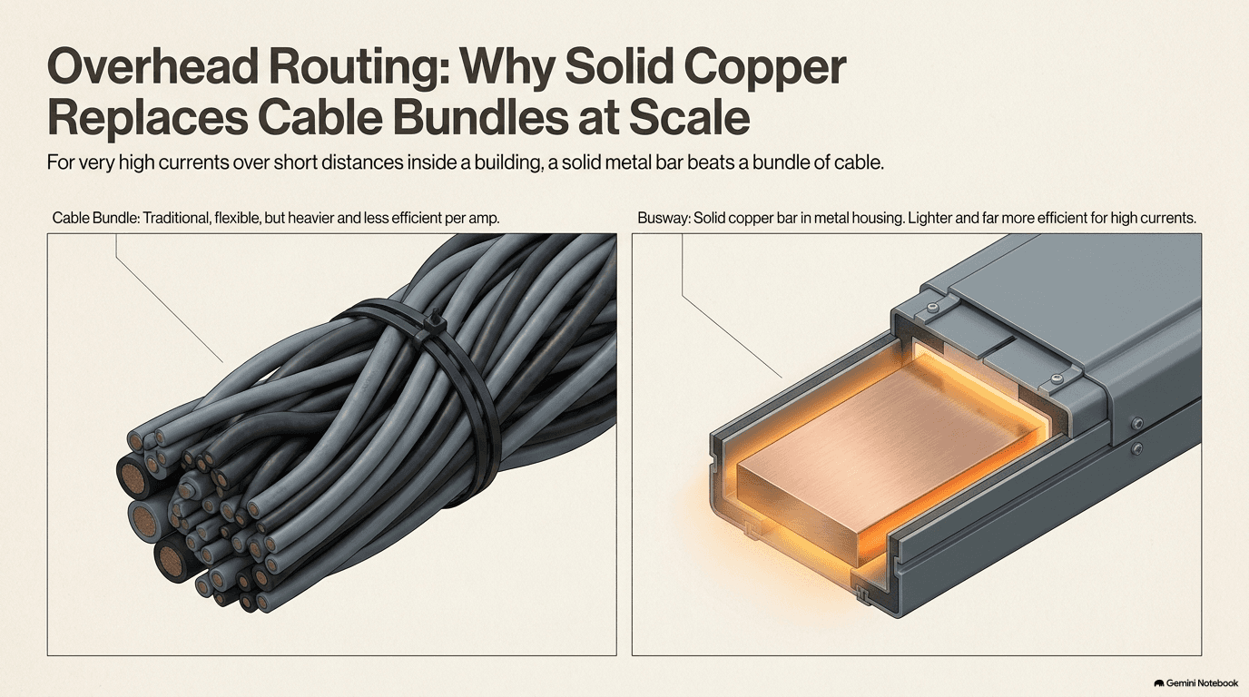 Side-by-side comparison of a traditional cable bundle — thick, heavy, flexible round cables — versus a busway section showing a solid copper bar in an enclosed metal housing, lighter and more efficient for carrying high current over short distances