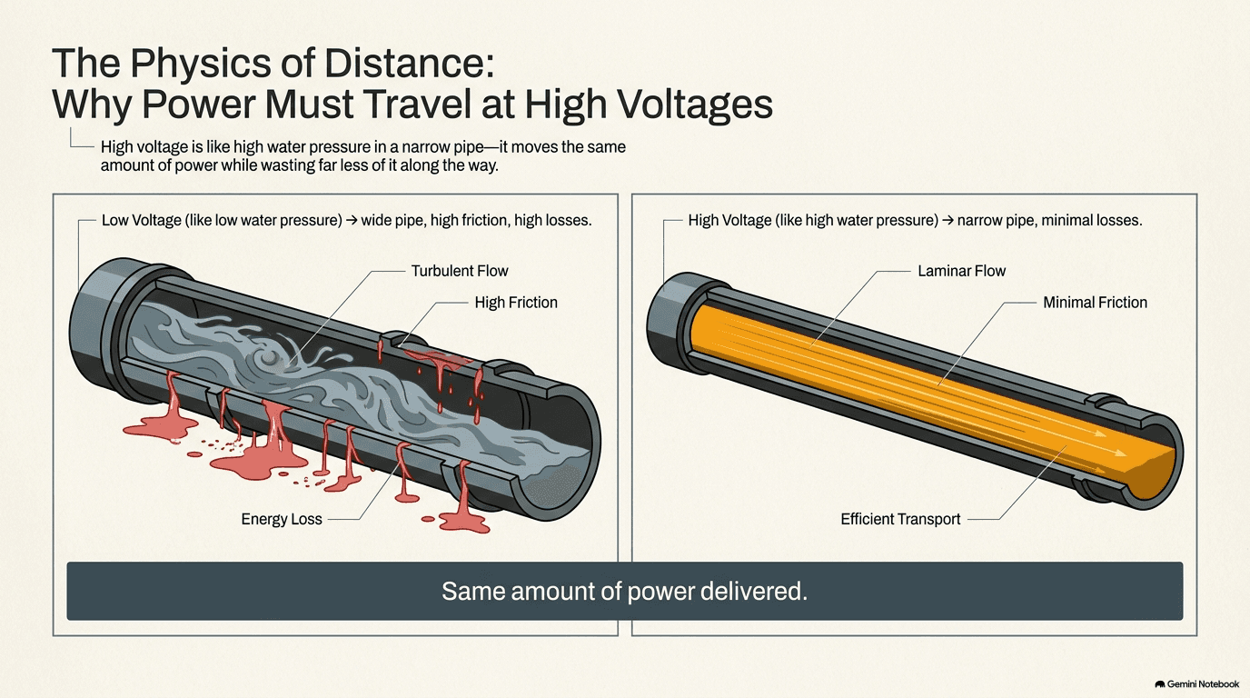 Two pipes side by side illustrating why power travels at high voltage: a wide low-pressure pipe with turbulent flow, high friction, and energy leaking out versus a narrow high-pressure pipe with laminar flow, minimal friction, and efficient transport — both delivering the same amount of power