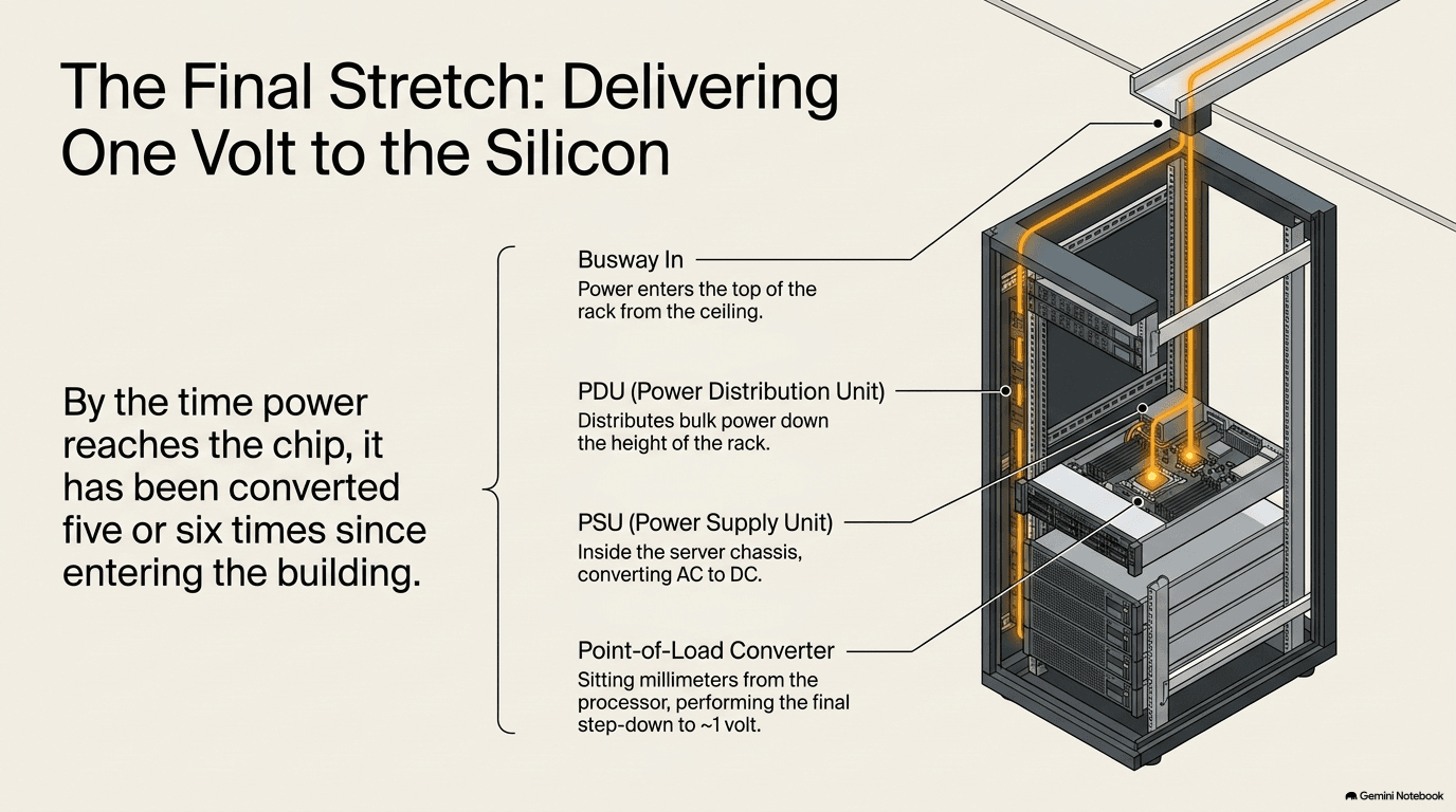 Cutaway of a server rack showing the final stages of power delivery: busway entering from the ceiling, a PDU distributing power down the height of the rack, a PSU inside the server chassis converting AC to DC, and a point-of-load converter sitting millimeters from the processor performing the final step-down to roughly one volt