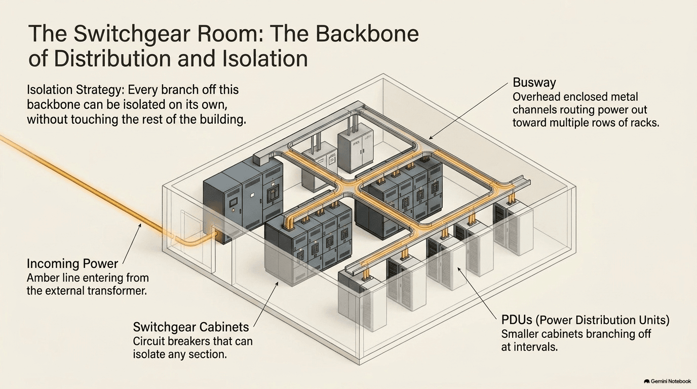 Isometric view of a data center switchgear room showing incoming power from the transformer entering a bank of switchgear cabinets, with busway running in overhead enclosed metal channels out toward multiple rows of racks and PDUs branching off at intervals