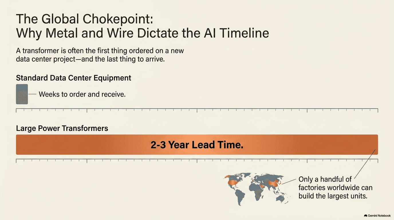 Timeline comparing standard data center equipment delivery in weeks against large power transformer delivery showing a 2-to-3 year lead time, with a world map highlighting the handful of factories worldwide capable of building the largest units