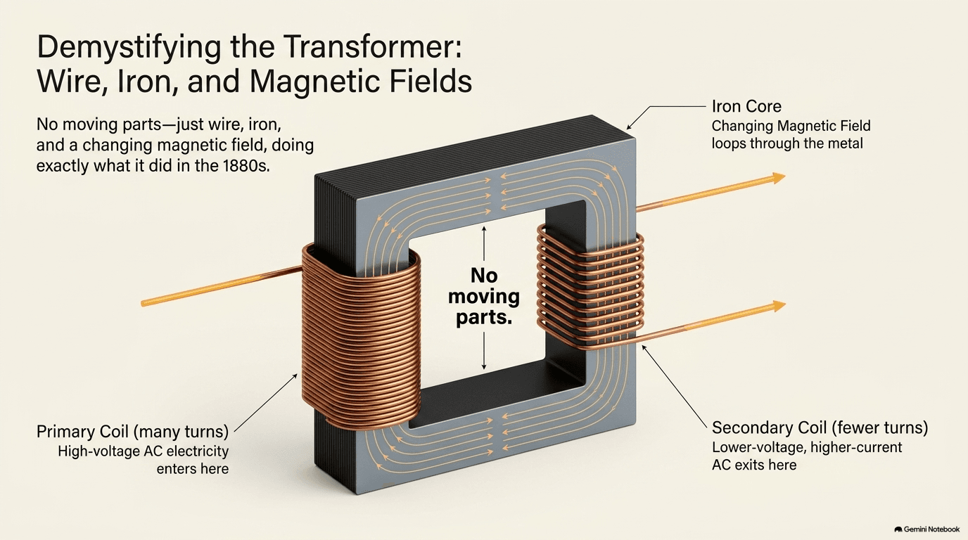 Cutaway of a transformer showing two copper coils wound around a shared iron core — the primary coil with many turns receiving high-voltage AC and the secondary coil with fewer turns outputting lower-voltage, higher-current AC, with arrows showing the changing magnetic field looping through the iron