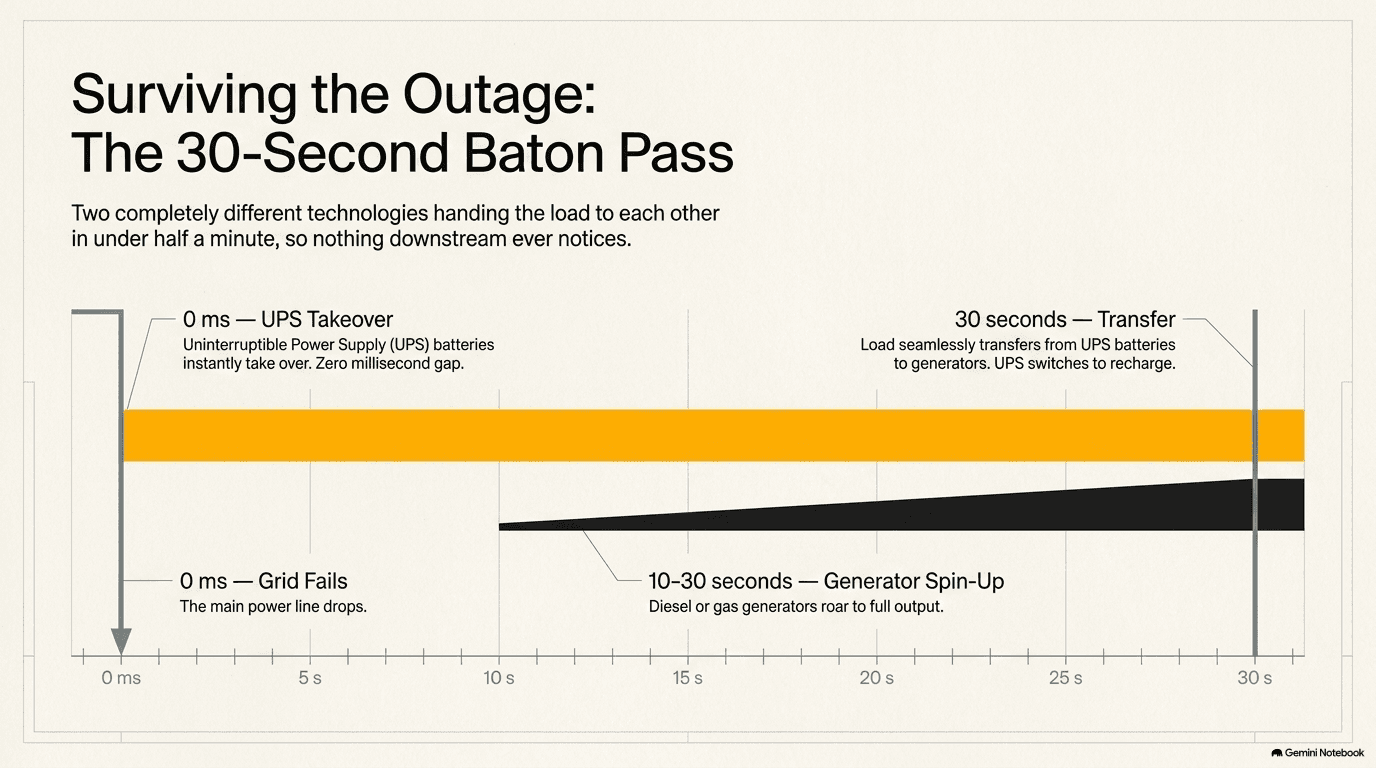 Timeline of a grid failure event from 0 milliseconds to 30 seconds: at 0ms the grid fails and the UPS instantly takes over from batteries, at 10-30 seconds diesel generators spin up to full output, then the load transfers from UPS batteries to generators and the UPS switches to recharging