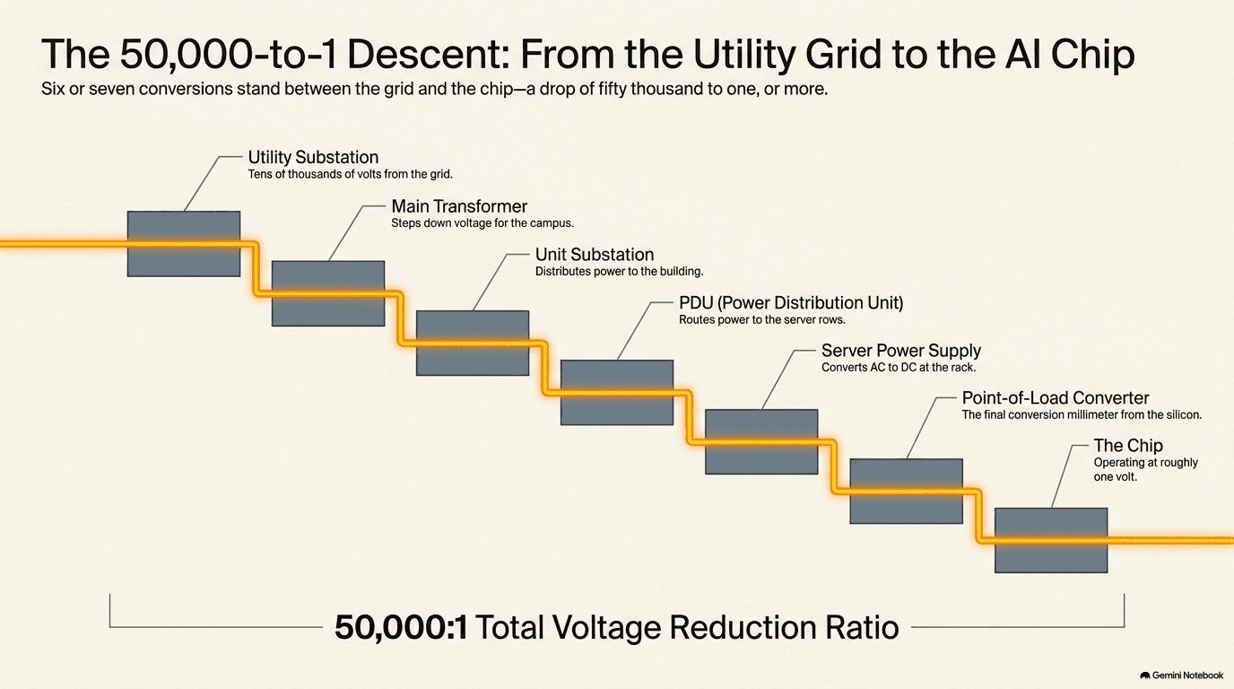 The voltage cascade drawn as a descending staircase of conversion stages from utility substation at tens of thousands of volts down through main transformer, unit substation, PDU, server power supply, and point-of-load converter to the chip at roughly one volt, showing a 50,000-to-1 total voltage reduction ratio