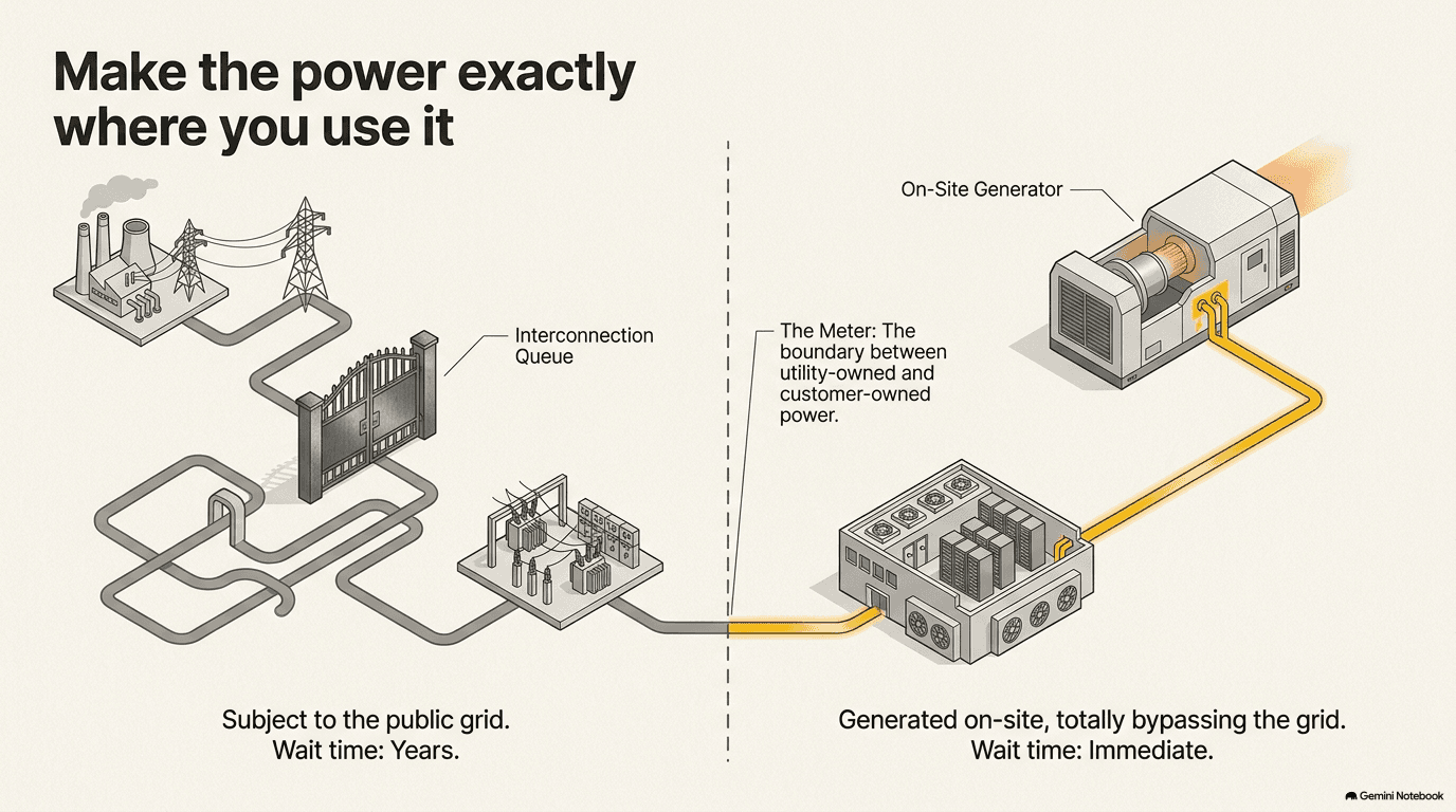 Split isometric diagram comparing two power paths: on the left, the traditional in-front-of-the-meter route from power plant through transmission lines and interconnection queue to data center with a wait time of years; on the right, an on-site generator wired directly to the data center behind the meter, bypassing the grid entirely with immediate availability