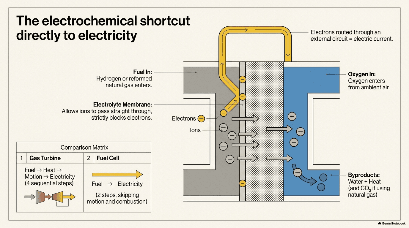 Cross-section diagram of a fuel cell showing hydrogen or natural gas entering on the left, oxygen from air entering on the right, an electrolyte membrane in the center allowing ions to pass but blocking electrons, with electrons routed through an external circuit to produce electric current; a comparison matrix below contrasts the gas turbine's four-step process with the fuel cell's direct two-step conversion