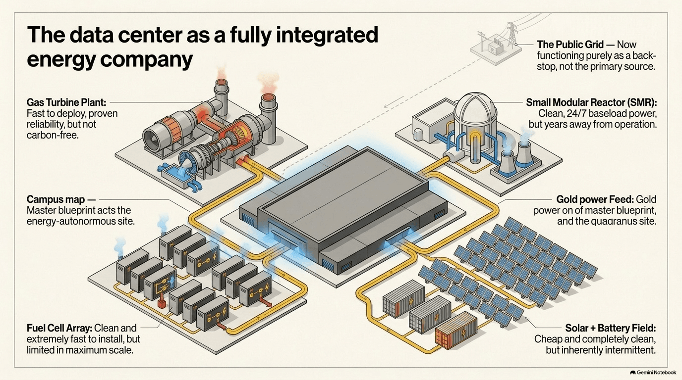 Isometric campus diagram showing a data center building at center surrounded by four power sources feeding into it: a gas turbine plant labeled fast and proven, a small modular reactor under construction labeled clean but years away, a fuel cell array labeled clean and fast to install, and a solar-plus-battery field labeled cheap but intermittent, with a dashed connection back to the public grid labeled backstop