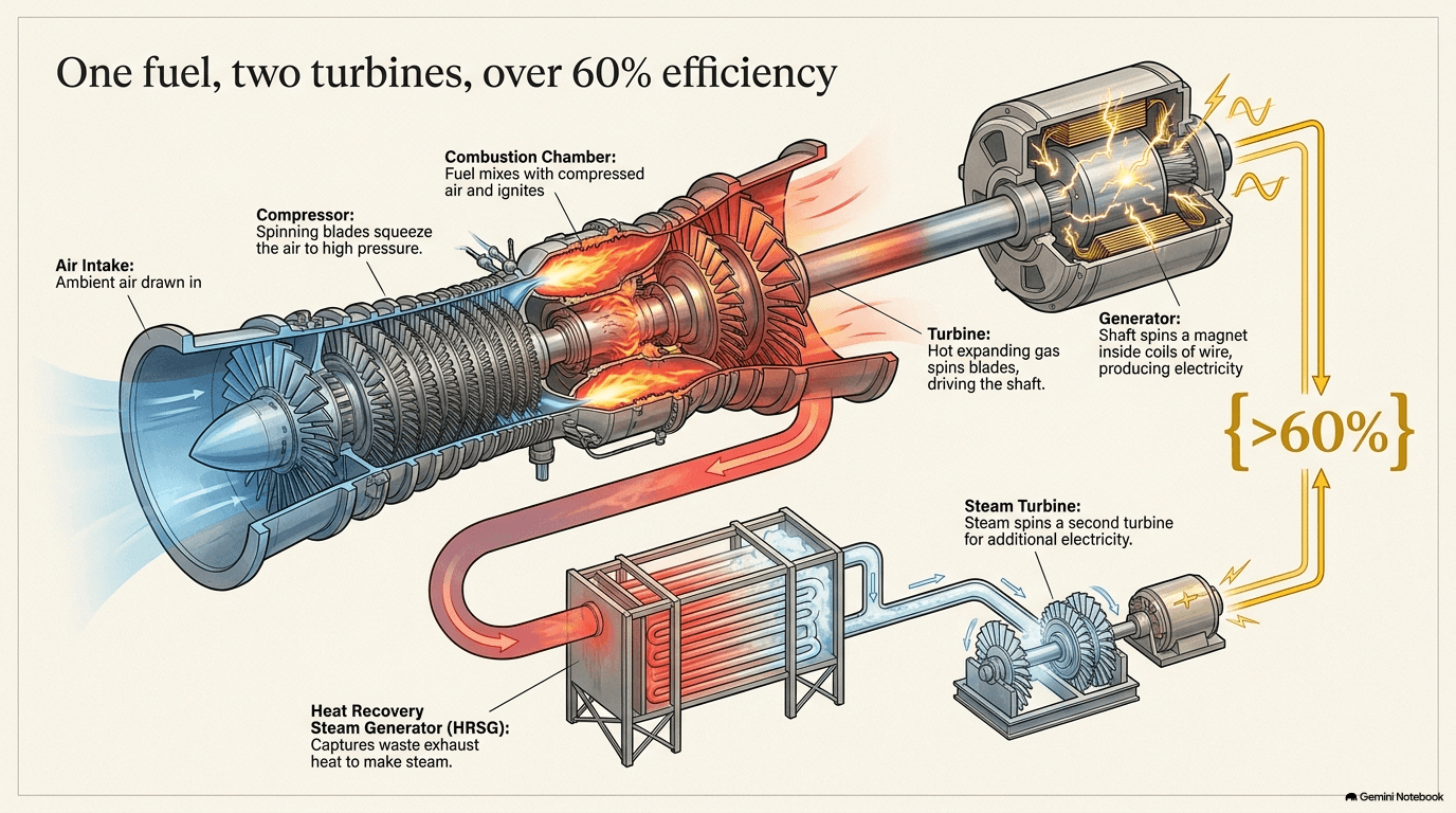 Labeled cutaway of a combined-cycle gas turbine system showing air intake, compressor with spinning blades, combustion chamber with flames, turbine section spinning the shaft, and generator producing electricity, plus a lower section showing the heat recovery steam generator capturing exhaust to spin a second steam turbine, achieving over 60 percent efficiency