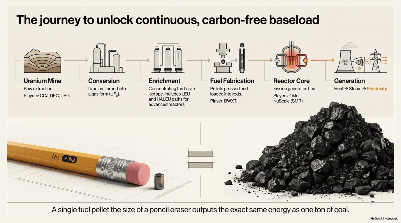 Linear flow diagram of the nuclear fuel chain from uranium mine through conversion, enrichment, fuel fabrication, reactor core, to electricity generation, with key players labeled at each stage; below, a pencil eraser-sized fuel pellet shown next to a ton of coal to illustrate the energy density difference