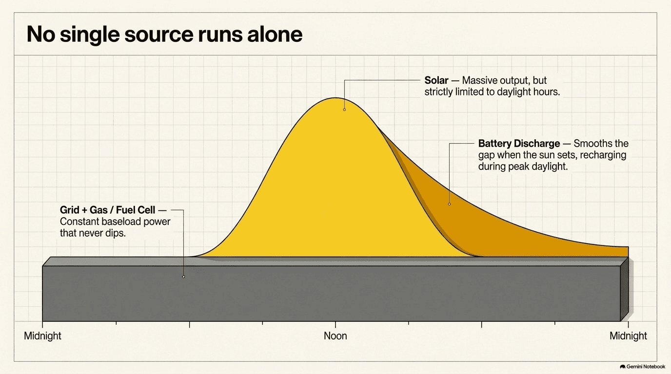 Twenty-four-hour timeline from midnight to midnight showing layered power sources: a constant dark baseload band of grid plus gas or fuel cell running all day, a bright solar peak rising during daylight hours, and a battery discharge band smoothing the gap after sunset