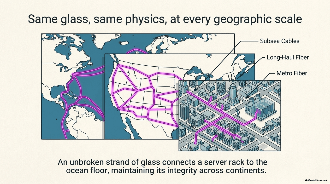 Three nested maps showing the fiber-optic hierarchy at increasing zoom: subsea cables crossing the Atlantic Ocean, long-haul fiber connecting major US cities, and metro fiber branching through a city to reach individual buildings including a data center