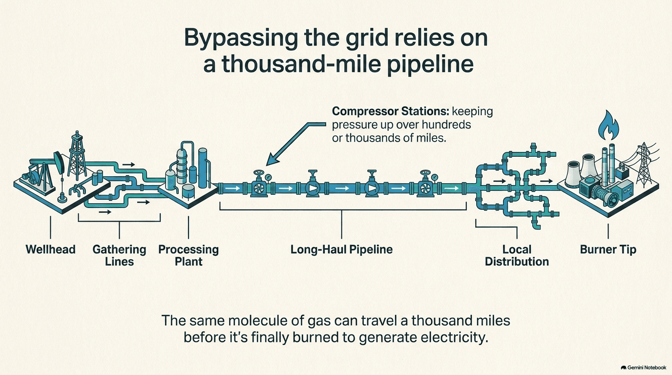 Isometric diagram showing the natural gas journey from wellhead through gathering lines, processing plant, long-haul pipeline with compressor stations maintaining pressure over hundreds of miles, local distribution, and finally to the burner tip of a gas turbine