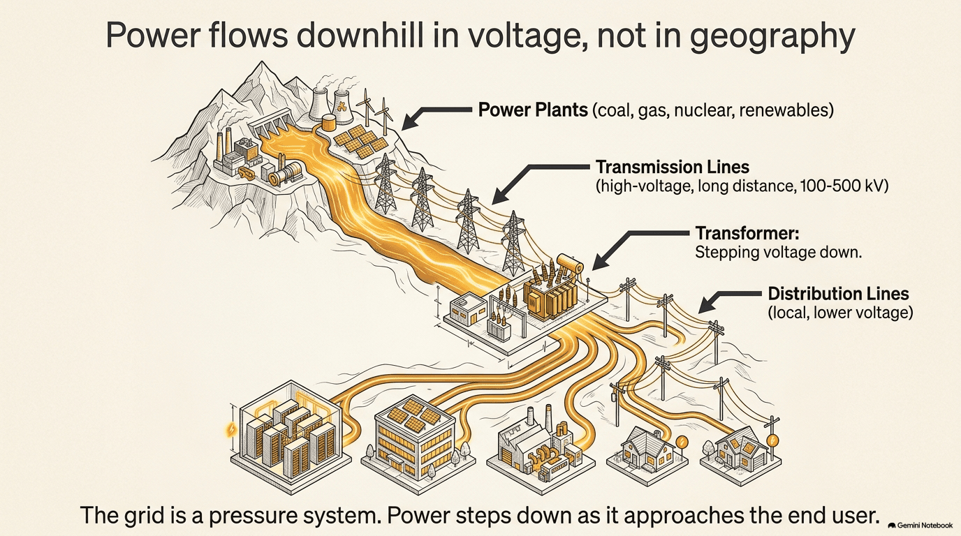 Isometric illustration of the electrical grid as a river system, with power plants at the mountaintop flowing through high-voltage transmission lines on steel towers, stepping down through transformers to lower-voltage distribution lines reaching buildings below