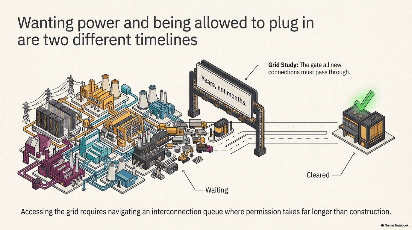 Isometric illustration of data centers, factories, and power plants waiting in line outside a grid study gate marked years not months, with one building cleared to connect on the far side and the rest still queued