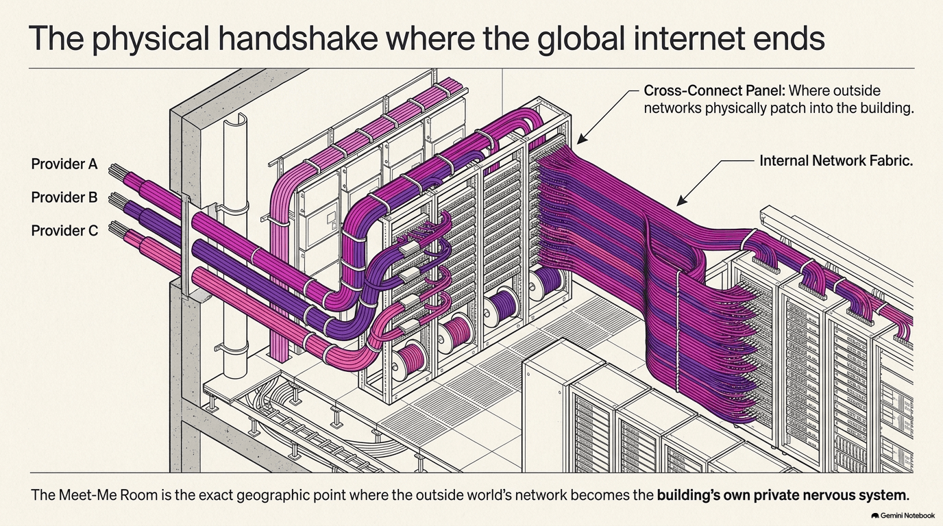 Isometric cutaway of a data center meet-me room showing three outside network provider cables in different colors arriving at a cross-connect panel, which patches into the building's internal network fabric of purple cabling running to server racks