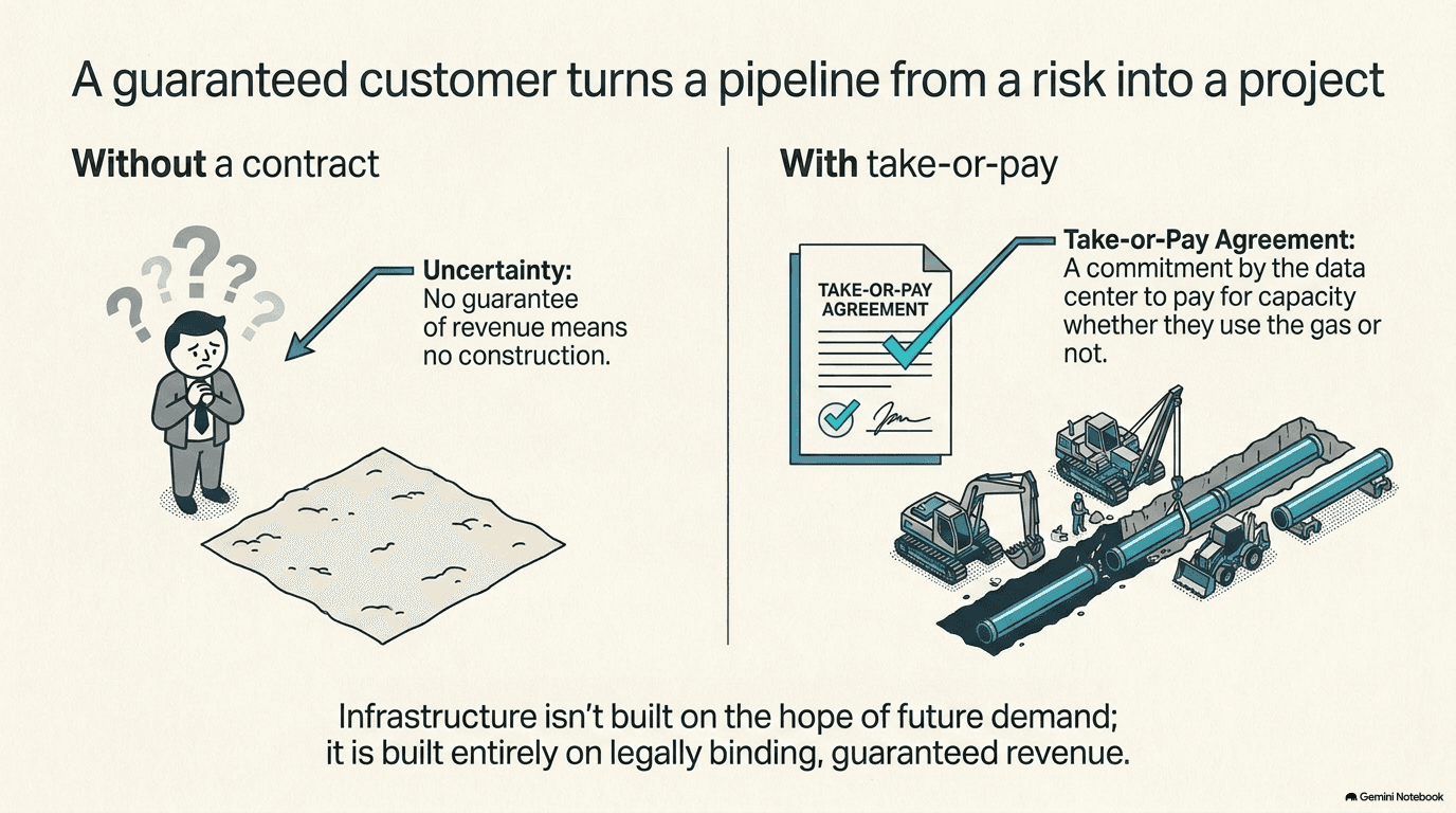 Two-panel comparison of pipeline construction decisions: without a contract, a hesitant figure with question marks and no construction; with a take-or-pay agreement, a signed contract leading to excavators laying pipe with confidence