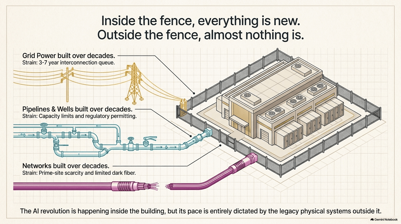 Isometric view of a data center with three external lifelines converging on it: grid power lines built over decades with a 3-7 year interconnection queue strain, pipelines and wells built over decades with capacity and permitting strain, and fiber networks built over decades with prime-site scarcity strain
