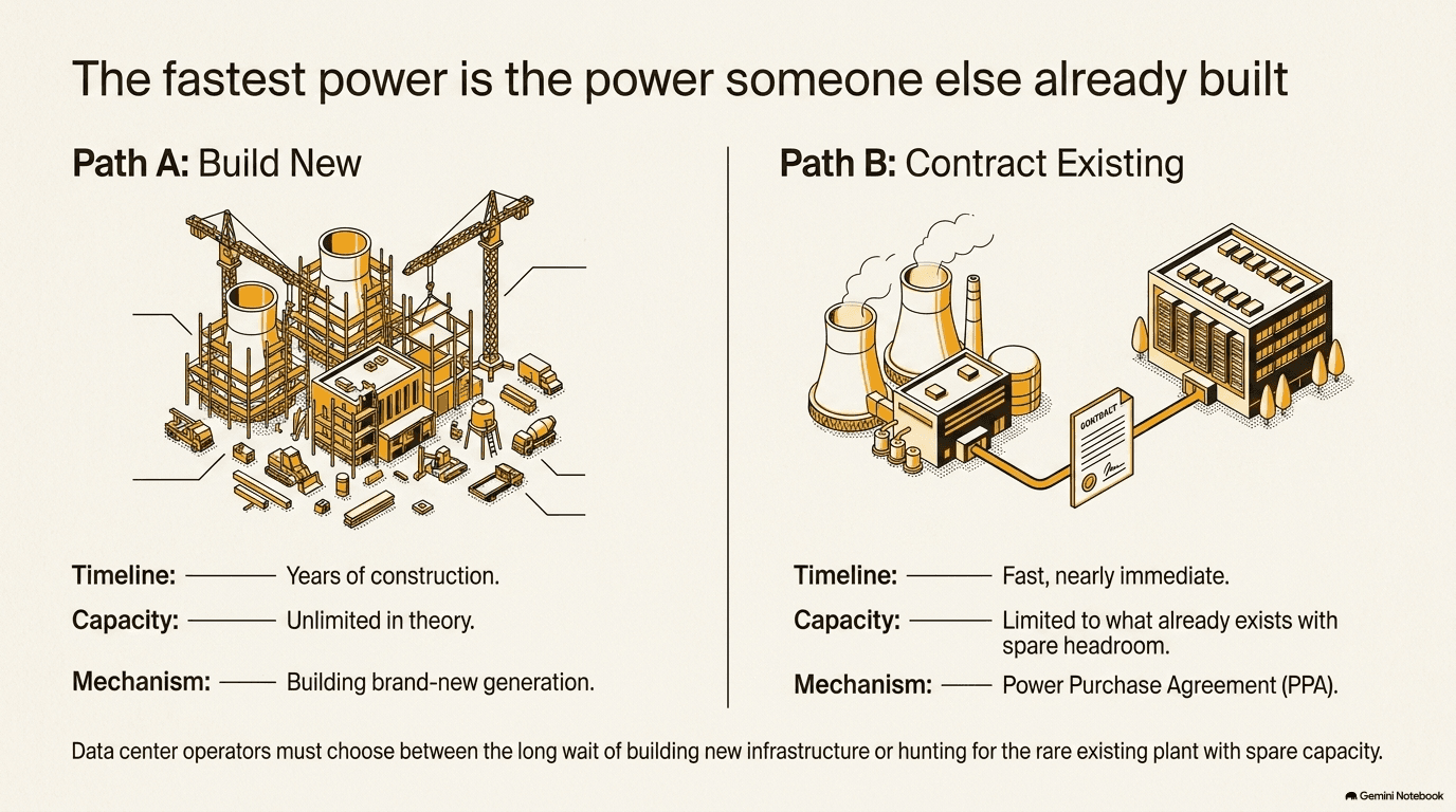 Side-by-side comparison of two paths to power: Path A shows building new generation with years of construction and a crane over a plant under construction, Path B shows contracting with an existing plant via a power purchase agreement with power available nearly immediately