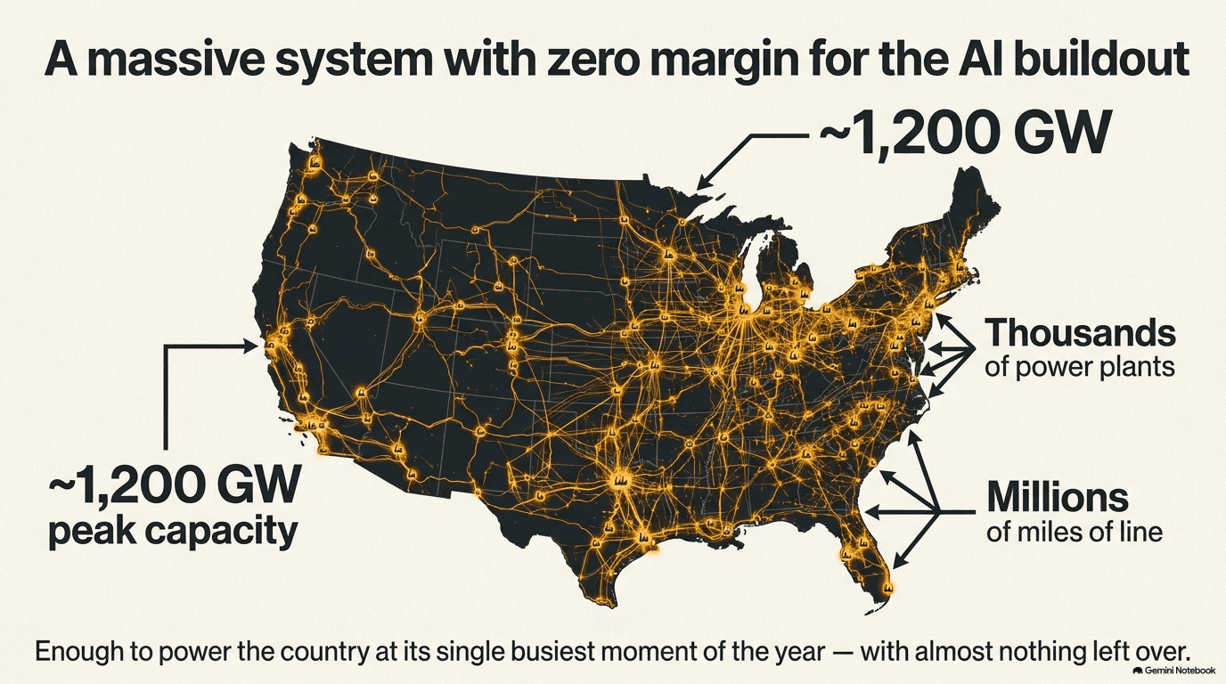 Map of the United States showing the electrical grid with approximately 1,200 gigawatts of peak generating capacity, thousands of power plants, and millions of miles of transmission and distribution lines illuminated across the country