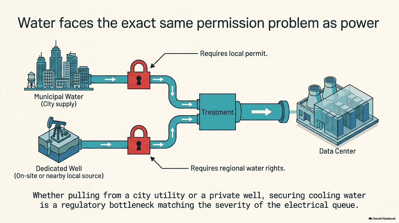 Diagram showing two water paths converging on a data center: municipal city water supply and a dedicated well or local source, each passing through a red padlock representing a required permit or water right before reaching a treatment stage and the data center