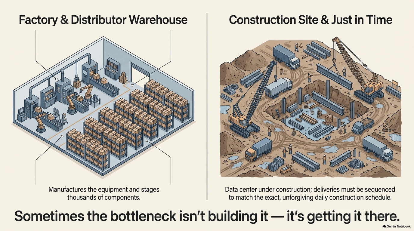 Split view showing a factory and distributor warehouse on the left manufacturing equipment and staging thousands of components, and a data center construction site on the right where deliveries must be sequenced to match the exact unforgiving daily construction schedule