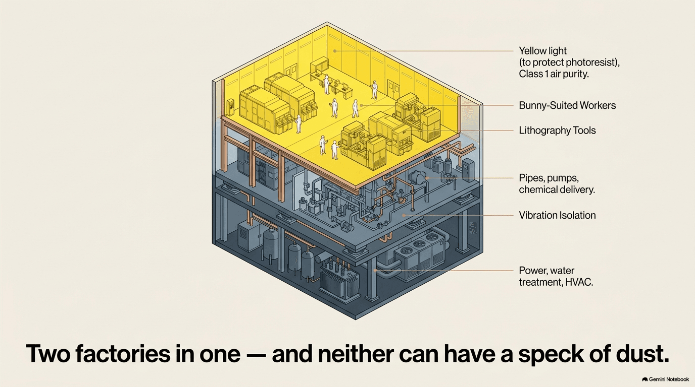 Cross-section of a semiconductor fab showing three levels — the cleanroom on top bathed in yellow light with bunny-suited workers and lithography tools, the sub-fab below with pipes pumps and chemical delivery systems plus vibration isolation, and the utility floor at the bottom with power water treatment and HVAC