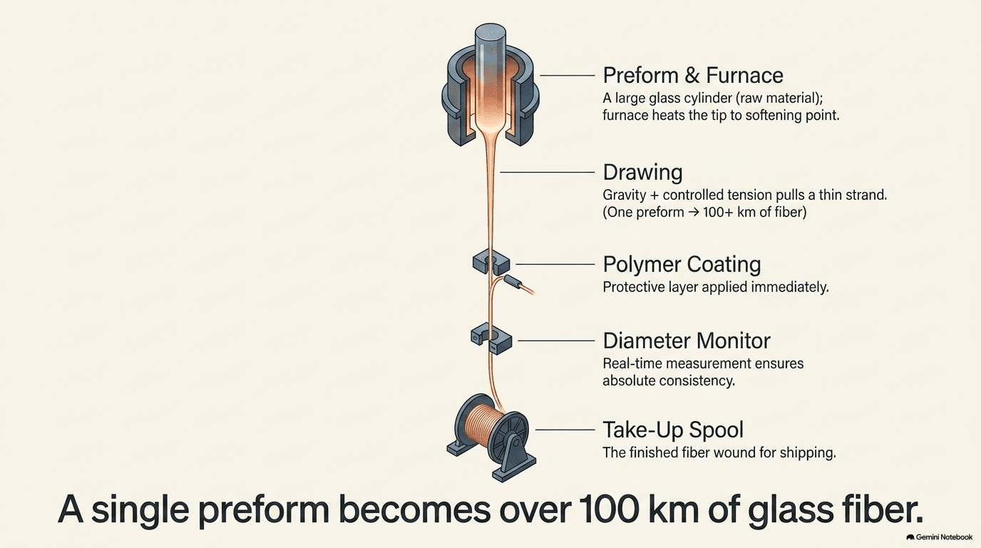 Vertical diagram of the fiber-drawing process showing a glass preform cylinder suspended over a furnace with the tip softening, a thin strand being drawn downward through a polymer coating station and diameter monitor, then wound onto a take-up spool at the bottom