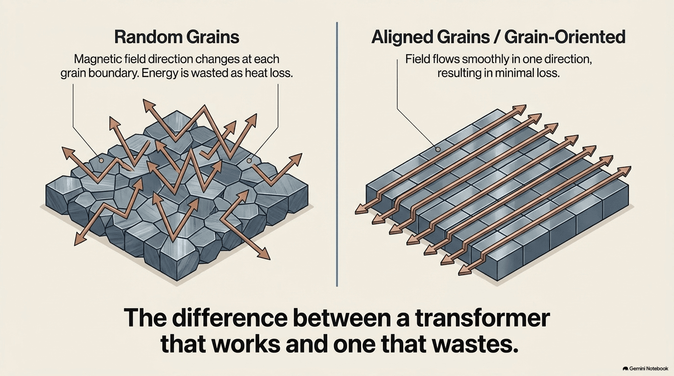 Side-by-side comparison of random grain steel where the magnetic field bounces at each grain boundary wasting energy as heat versus grain-oriented steel where the field flows smoothly in one direction with minimal loss