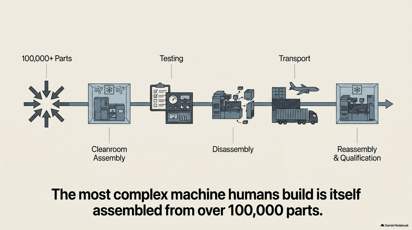 Timeline showing how a lithography machine is built — over 100,000 parts from hundreds of suppliers converge into cleanroom assembly, then testing, disassembly for shipping, transport by truck and cargo aircraft, and finally reassembly and qualification at the customer fab