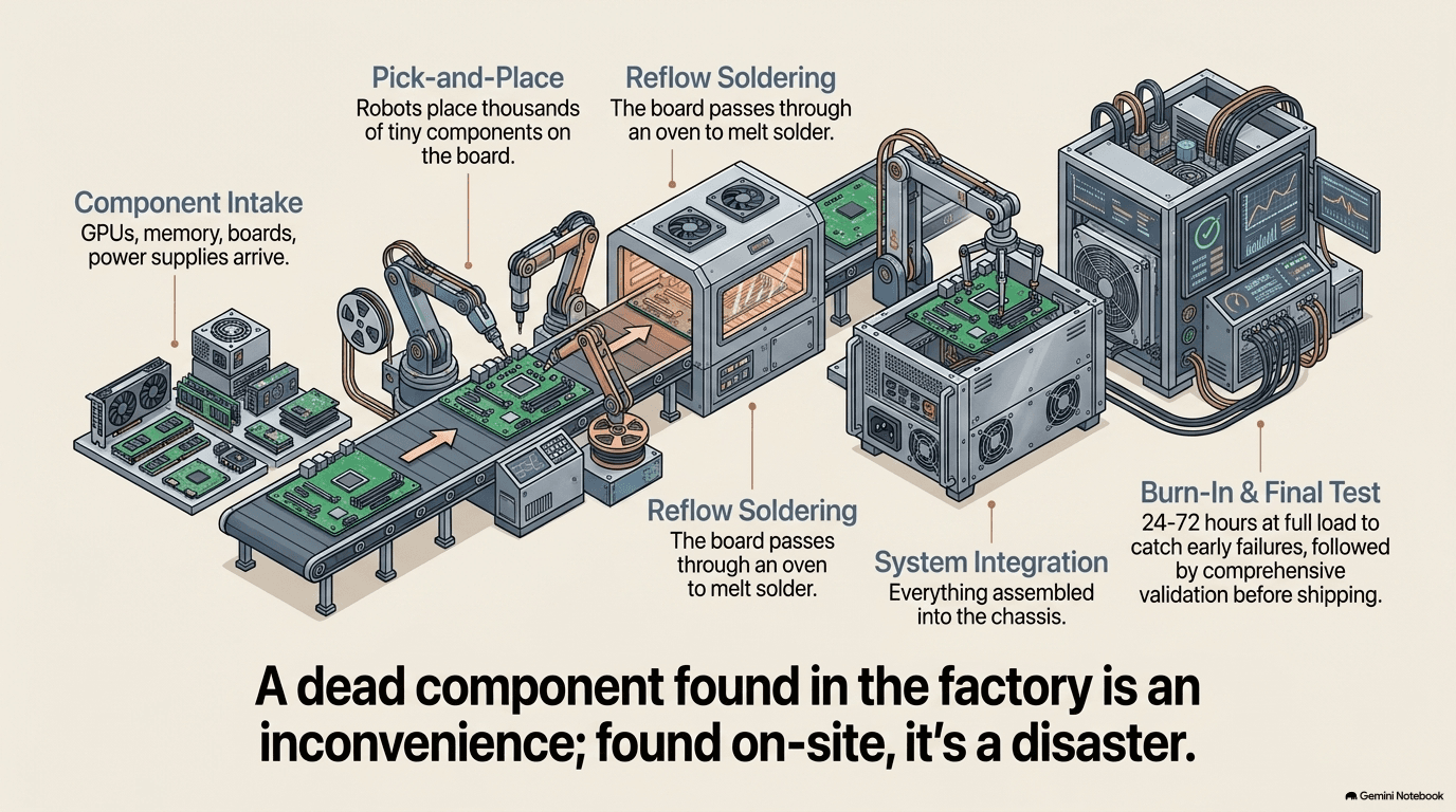 Isometric illustration of a server factory assembly line showing the flow from component intake through pick-and-place robots and reflow soldering ovens to system integration into the chassis and finally burn-in and final test chambers running 24 to 72 hours at full load