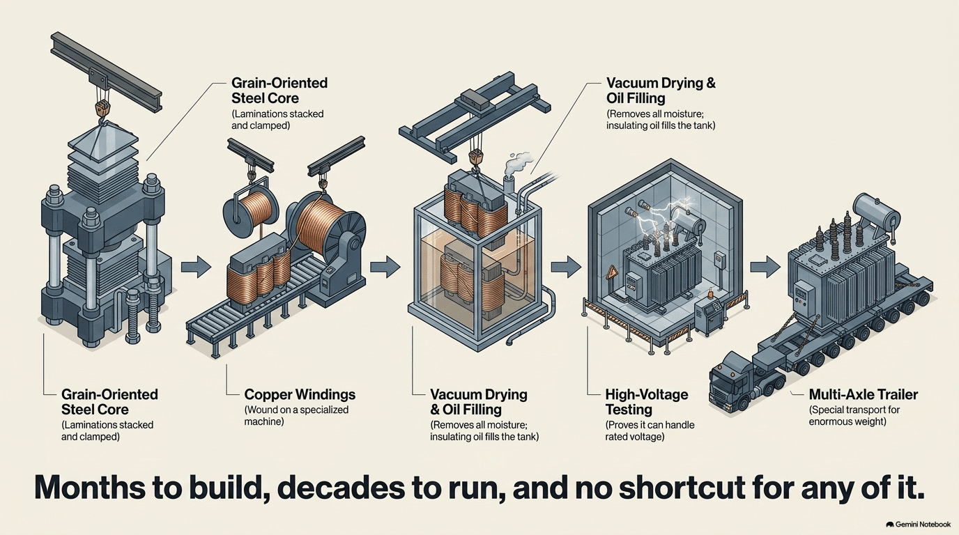Step-by-step illustration of how a power transformer is built — grain-oriented steel core laminations stacked and clamped, copper windings wound on a specialized machine, vacuum drying and oil filling to remove moisture and insulate, high-voltage testing with visible lightning, and final transport on a multi-axle trailer